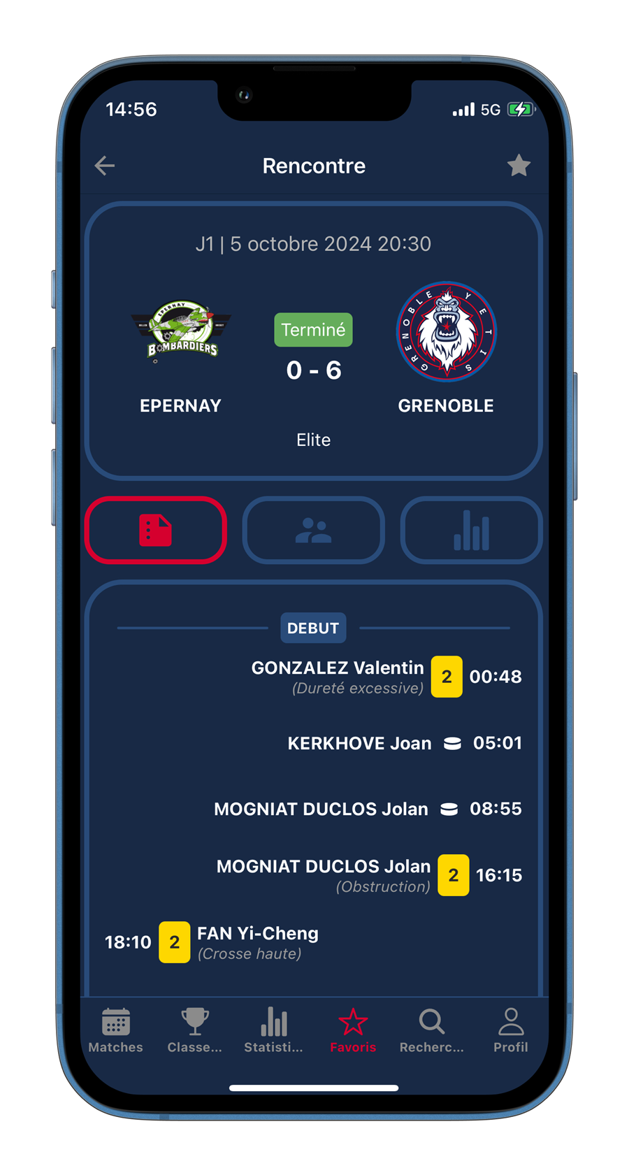 Écran de détail d'un match dans l'application Roller Hockey