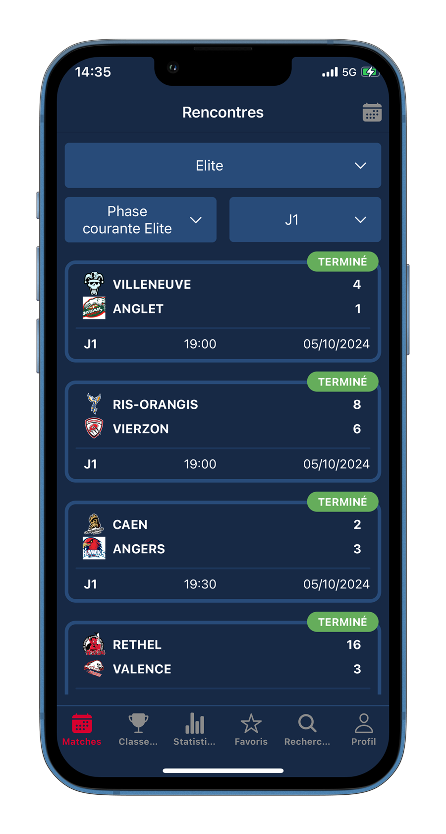 Écran des rencontres de l'application Roller Hockey